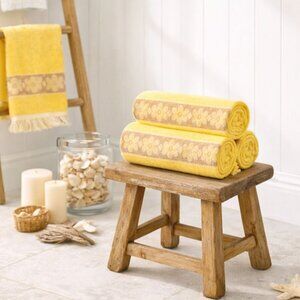 Vintage Sears Bath Towels Set of 4 Yellow Floral Fringe Made in USA 1970s Cotton